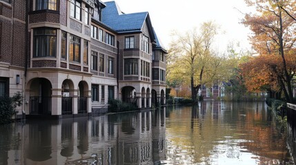 Obraz premium Beautiful riverside architecture with autumn trees reflected in the calm water. Tranquil scene showing historic buildings and nature.