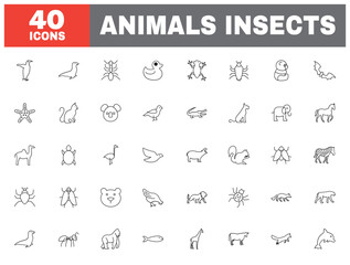 Set of 40 line icons animals insects. Outline icon collection. Editable stroke. Vector illustration.