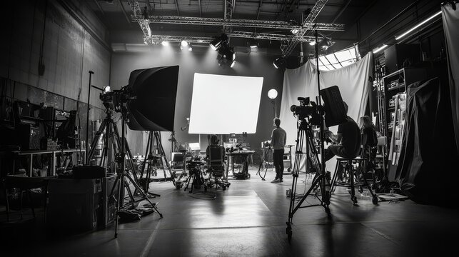 Black and white photo of a professional film production set with cameras, lighting, and crew members preparing for a shoot.