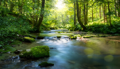 Fototapeta premium Tranquil Forest Stream Surrounded By Lush Greenery. A serene forest stream flowing gently through vibrant green foliage, offering a peaceful and refreshing natural setting.