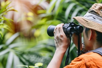 Fototapeta premium Male hiker using binoculars in forest.