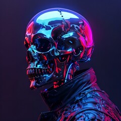 A futuristic robot skull illuminated by vibrant neon lights, showcasing intricate details and a striking design.