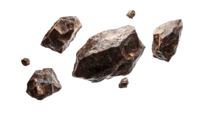 Flying asteroids cut out on white background