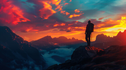 Fototapeta premium Hiker enjoys a breathtaking sunset while standing on a mountain trail in the Alps
