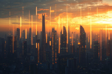Futuristic city skyline at sunset with glowing vertical lights rising from the buildings, creating a modern and technological atmosphere
