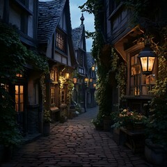 Fototapeta premium A picturesque old street adorned with cobblestones and glowing lanterns, creating a warm and inviting ambiance.