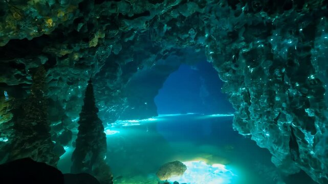 Underwater cave illuminated by soft light, revealing vibrant coral reefs and tropical fish in a serene blue ocean