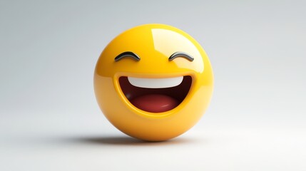 Fototapeta premium Bright yellow smiley face emoticon with a big laugh, conveying happiness and joy, isolated on a plain background.