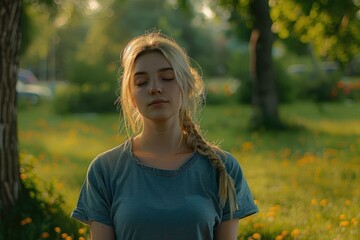 Mindfulness meditation concept. Meditating young woman. Yoga. Concentration.