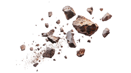 Flying asteroids cut out on white background