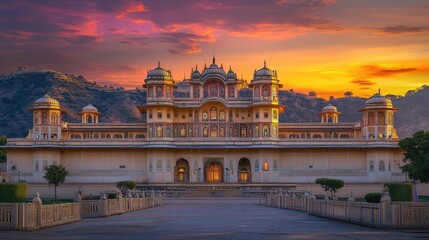 A majestic palace with intricate architecture at sunset, showcasing cultural heritage.