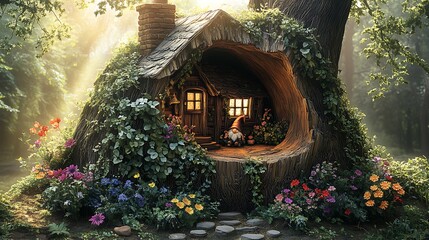 Fototapeta premium A cozy gnome house inside a large, hollow tree stump, with ivy and vines covering the stump, colorful flowers blooming around the house, sunlight streaming through the trees,