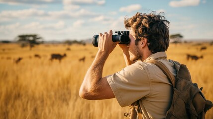 Man Observing Wildlife with Binoculars in a Savanna