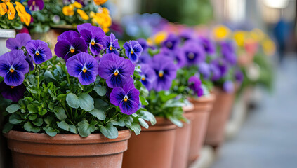 A row of pots with purple pansies in an outdoor flower market, with the focus on one pot and a blurred background. Created with Ai
