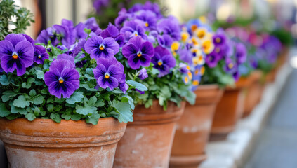 A row of pots with vibrant purple pansies, neatly arranged on the street side in springtime. Created with AI