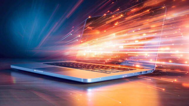 Laptop emitting colorful light streaks in a digital burst, illustrating the concept of high-speed technology and data transfer