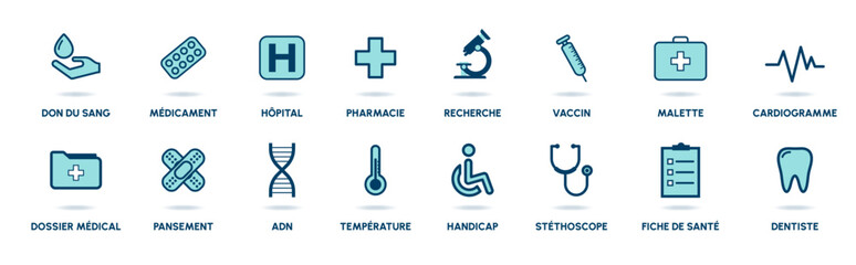 Collection d'icônes du milieu médical - Pictogrammes divers autour de la médecine - Vecteur - Éléments d'outils ou d'activités de santé - Dessin médicaux éditables - Ensemble de pictos