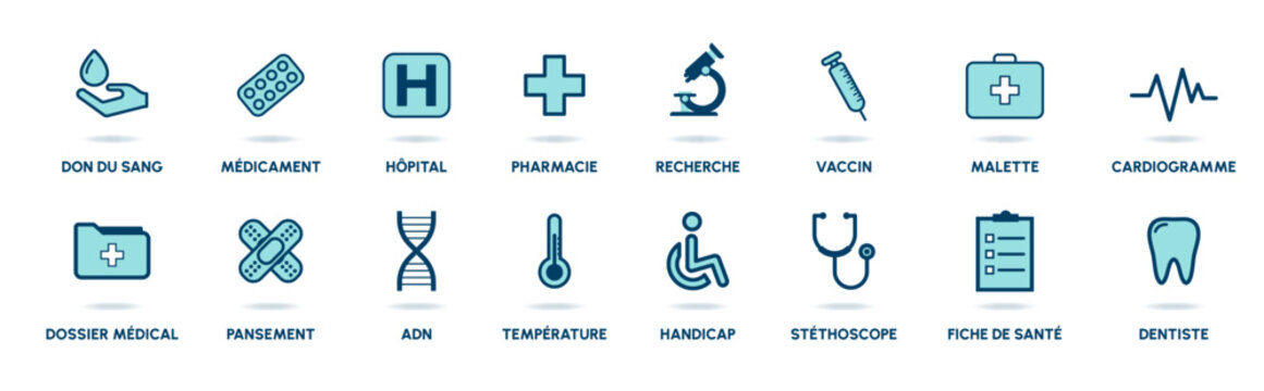 Collection d'ic&ocirc;nes du milieu m&eacute;dical - Pictogrammes divers autour de la m&eacute;decine - Vecteur - &Eacute;l&eacute;ments d'outils ou d'activit&eacute;s de sant&eacute; - Dessin m&eacute;dicaux &eacute;ditables - Ensemble de pictos