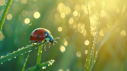 Obraz premium Red and blue bugs perched on top of lush green grass with dew-drenched blades