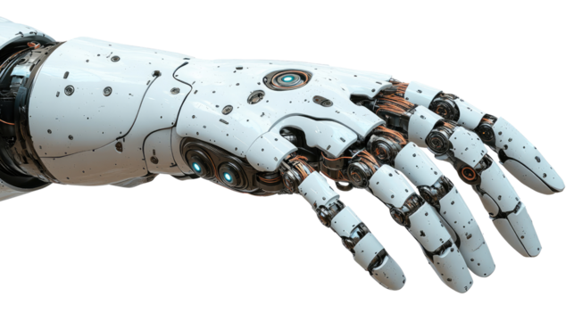 Gesturing robot hand on white background