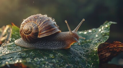   Snail on leaf with water droplets