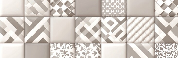 Obraz premium Vintage old gray grey rectangular shabby mosaic ornate patchwork motif porcelain stoneware tiles stone concrete cement wall texture background banner panorama