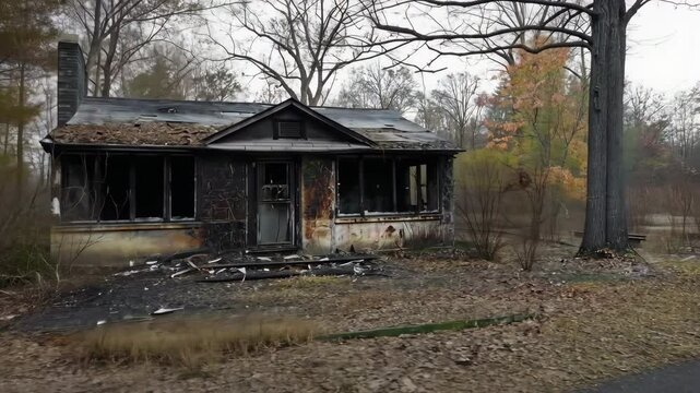 A burned down house with a tire in front of it