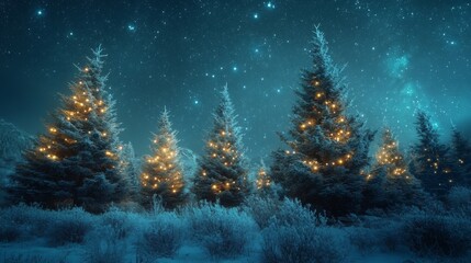 Illuminated Evergreen Trees in a Snowy Winter Night Landscape