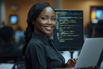 A Woman Smiling While Using a Laptop with a Yellow Windows Logo