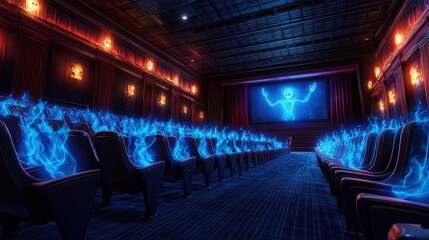 Naklejka premium Haunted movie theater where glowing spirits float in the aisles, and eerie shadows dance on the screen