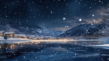 Fototapeta premium Snowy Night Scene with a Village Reflected in a Frozen Lake