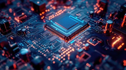 Fototapeta premium Close-up of illuminated circuit board in futuristic setting