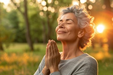 Fototapeta premium Relaxed middle age woman breathing fresh air standing in the park at summer