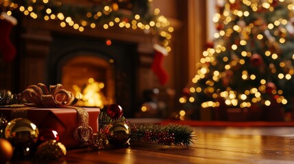 Warm Christmas background with gifts near to Christmas tree and fireplace and cones