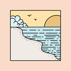 a drawing of a sunset and sea with a beach scene in the background.