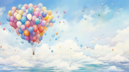 Obraz premium Cluster of multicolored balloons soaring in sky. Wall art wallpaper