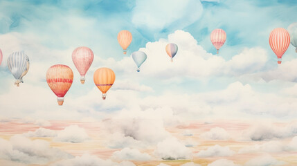 Obraz premium Dreamy sky with hot air balloons above cloud horizon. Wall art wallpaper
