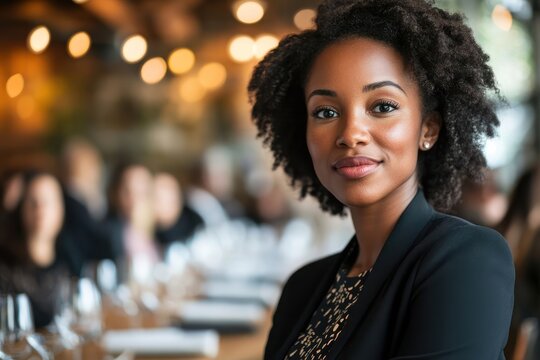 Portrait of a young black woman sitting at a table in a restaurant looking at the camera with a slight smile.