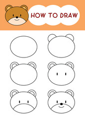 How to draw bear face cartoon step by step for learning, kid, education, coloring book. Vector illustration