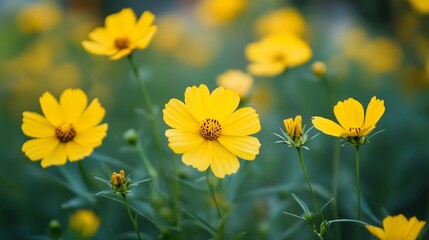 Vibrant yellow flowers blooming in a sunny field during springtime capturing nature's beauty and serenity