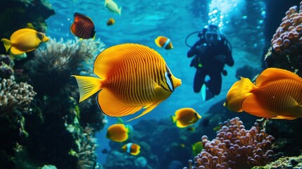 Fototapeta premium a scuba diver swimming alongside colorful fish in a marine environment.