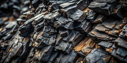 A Close-Up of Rough, Jagged Black Rocks, with a Subtle Glimmer of Orange in the Cracks, Creating a Textured, Abstract Composition