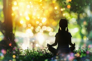 Silhouette of meditating young woman. Mindfulness. Meditation. Body care.