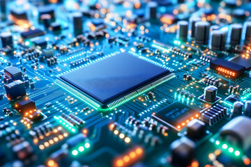 Circuit Board with Glowing Processor - 3D Illustration