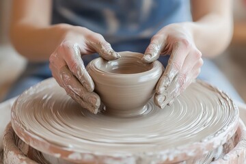 Person shaping clay into a bowl on a pottery wheel in a bright studio during the day