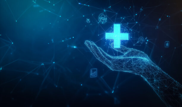 Digital wireframe hand presenting a neon cross, symbolizing innovation in healthcare technology within a dark, futuristic background.