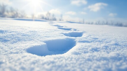 Human footprints in the snow in a snowdrift under sunlight close-up,Fresh footsteps, footprints, shoe prints or shoe marks in the shallow snow,glittering,sparkling in the winter sun,copy space.