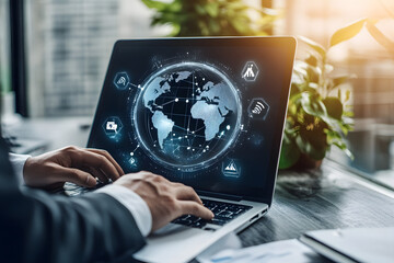 Businessman working on a laptop with global network interface and world map visualizations