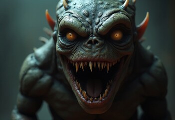 Close-up of a Creepy, Detailed Monster with Sharp Teeth and Large Eyes