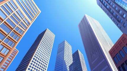 Obraz premium Modern art style abstract geometric city skyline illustration depicting a busy urban environment in various shades of blue